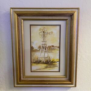 Vintage Watercolor Painting, windmill, landscape, Elaine Howard, Oklahoma